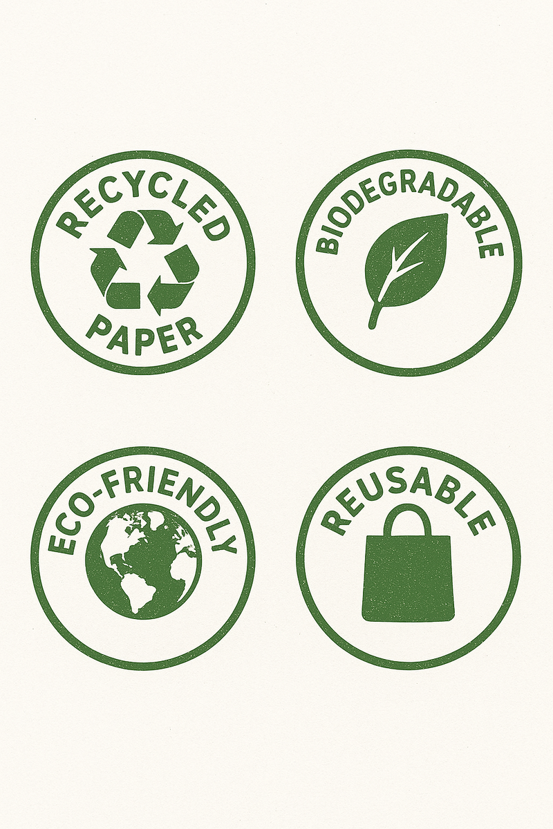 Four green eco-friendly icons on a white background