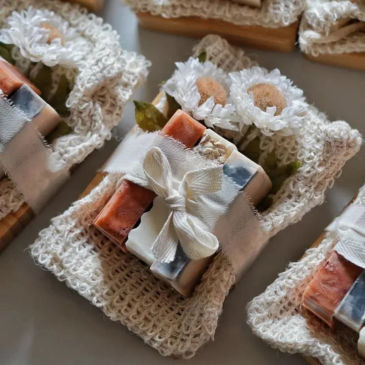Sustainably Crafted Wooden Soap Dishes + Natural Fiber Pouches - 100% Hand-Finished